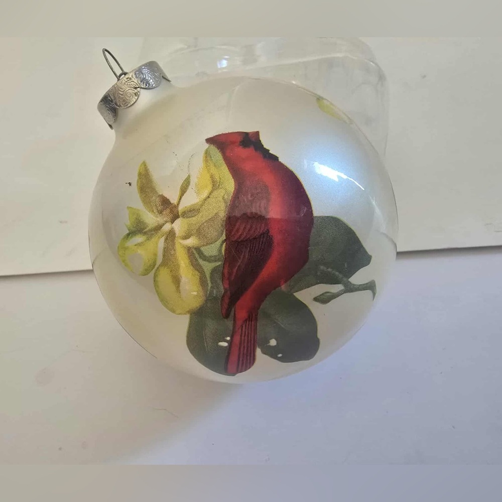 Christmas Ornament  Red Cardinal overlay on white  glass bulb - Picture 2 of 3